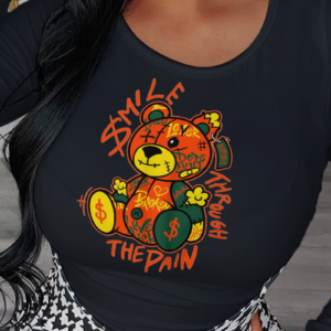 Black Street Cute Print Patchwork O Neck Tops